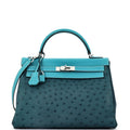 Kelly Handbag Tricolor Ostrich with Swift and Clemence and Palladium Hardware 32