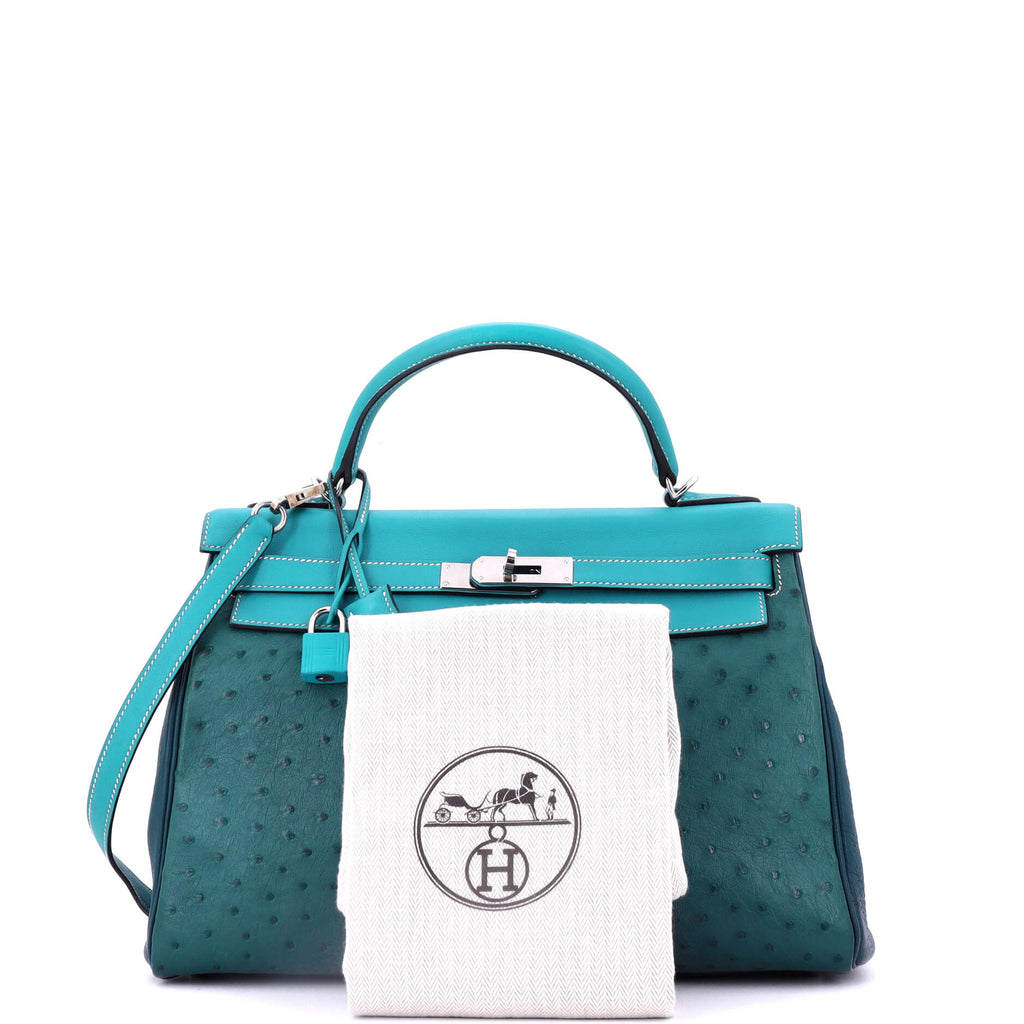 Kelly Handbag Tricolor Ostrich with Swift and Clemence and Palladium Hardware 32
