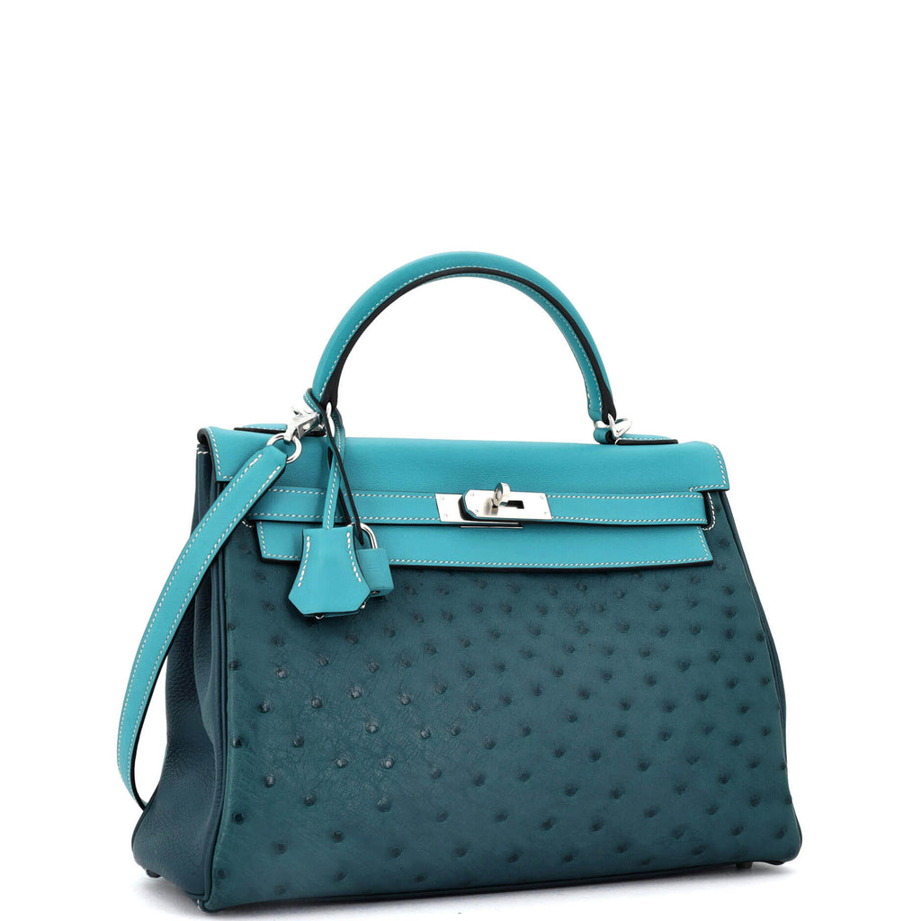 Kelly Handbag Tricolor Ostrich with Swift and Clemence and Palladium Hardware 32