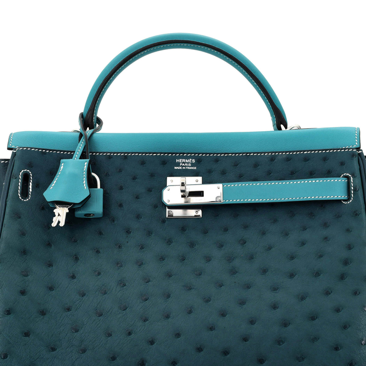 Kelly Handbag Tricolor Ostrich with Swift and Clemence and Palladium Hardware 32