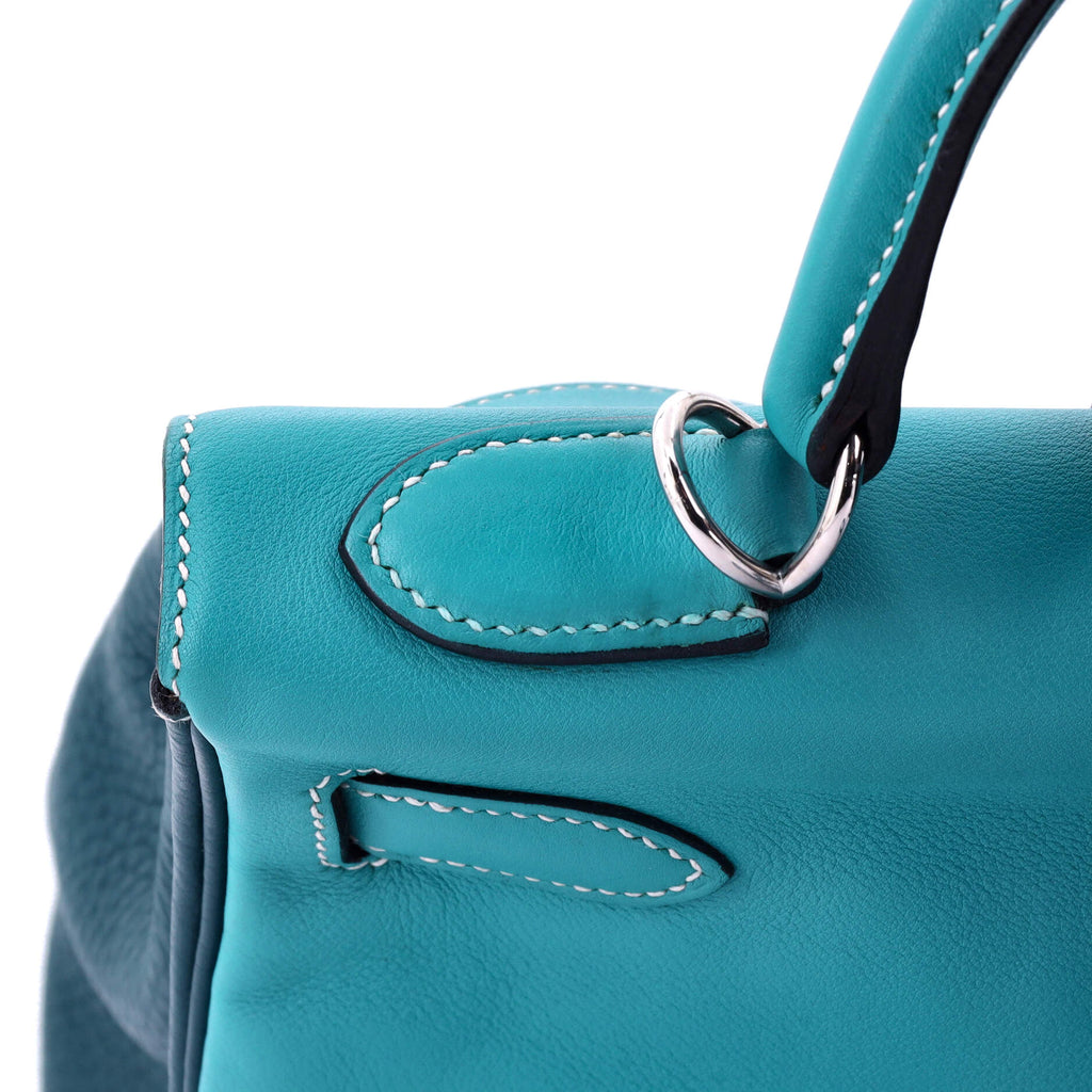 Kelly Handbag Tricolor Ostrich with Swift and Clemence and Palladium Hardware 32