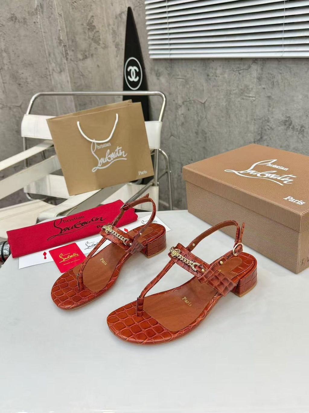 Christian Louboutin MJ Thong Leather Croc-Embossed Thong Sandals