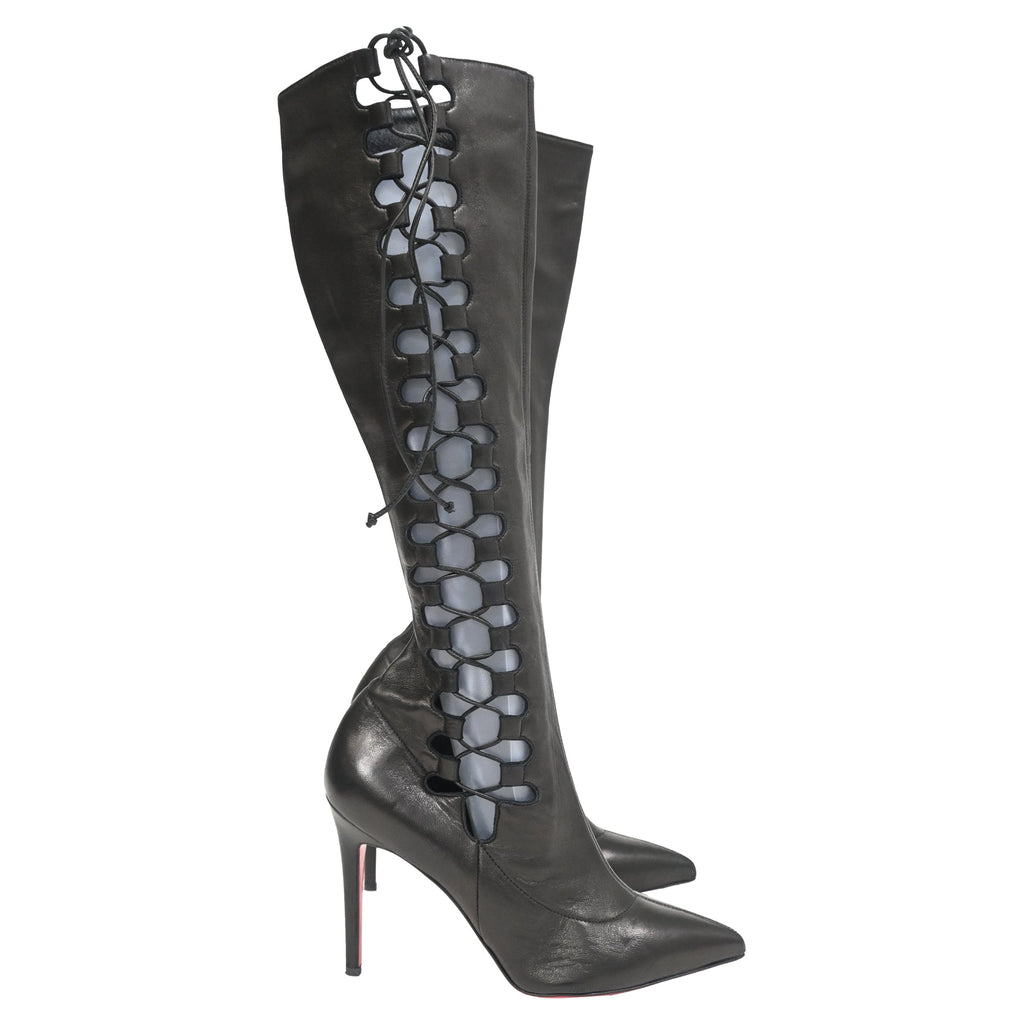 Christian Louboutin Goulue Lace Up Knee Boots in Black Leather