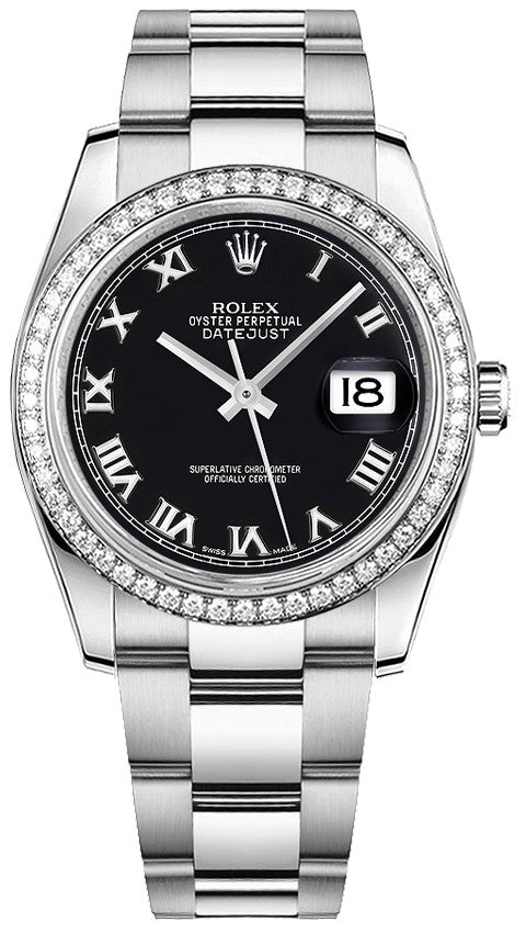 Rolex Datejust 36 Black Roman Numeral Oyster Bracelet Watch 116244-0040